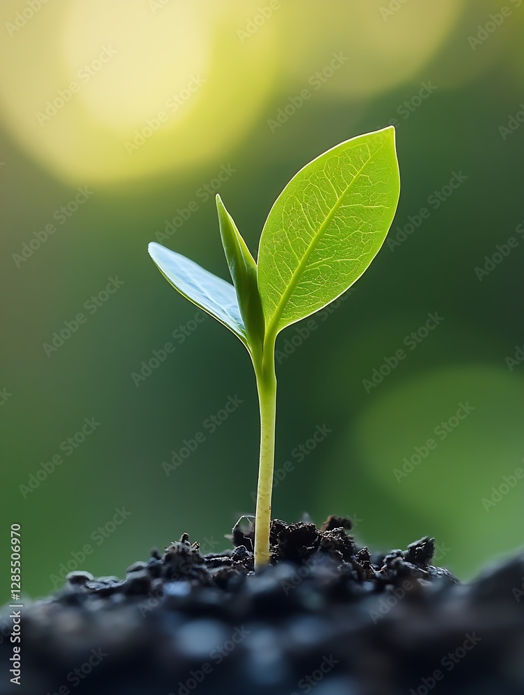 Poster New Green Leaf Sprouting From Soil In Soft Focus Light With Nature Background : Generative AI