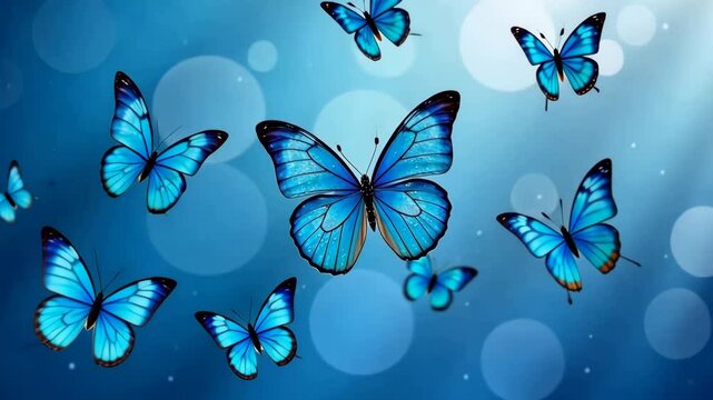 Majestic blue butterflies gracefully flutter in enchanting dance against a dreamy bokeh background