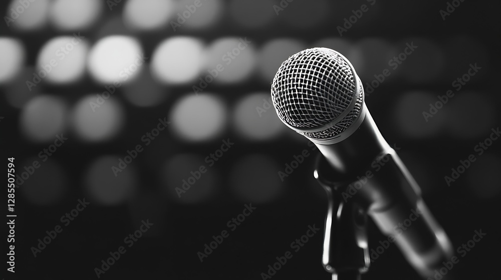 Poster Close Up of a Microphone in Black and White with Bokeh Background : Generative AI