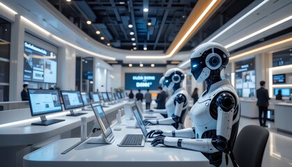 Futuristic office with humanoid robots working on computers, advanced AI technology in a modern corporate environment, high-tech lighting and digital screens.