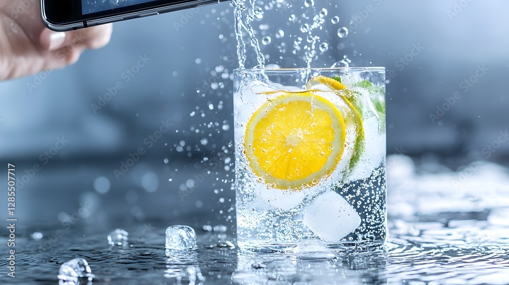 Aufkleber a photo of a refreshing citrus cocktail with slices pouring from a smartphone surrounded by ice cube