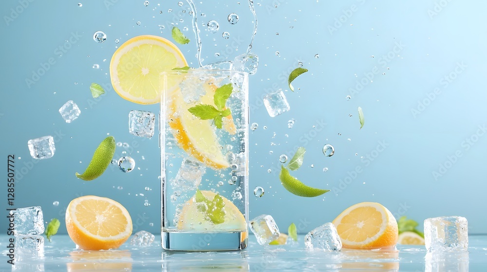 Poster A photo of a refreshing cocktail with citrus slices pouring from a smartphone surrounded by ice cubes and suspended bubbles creating a dynamic and innovative visual concept for beverage technology