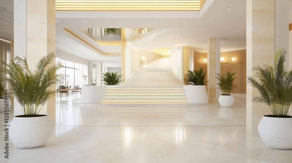 Poster bright airy lobby with steps and plants in a modern building : generative ai