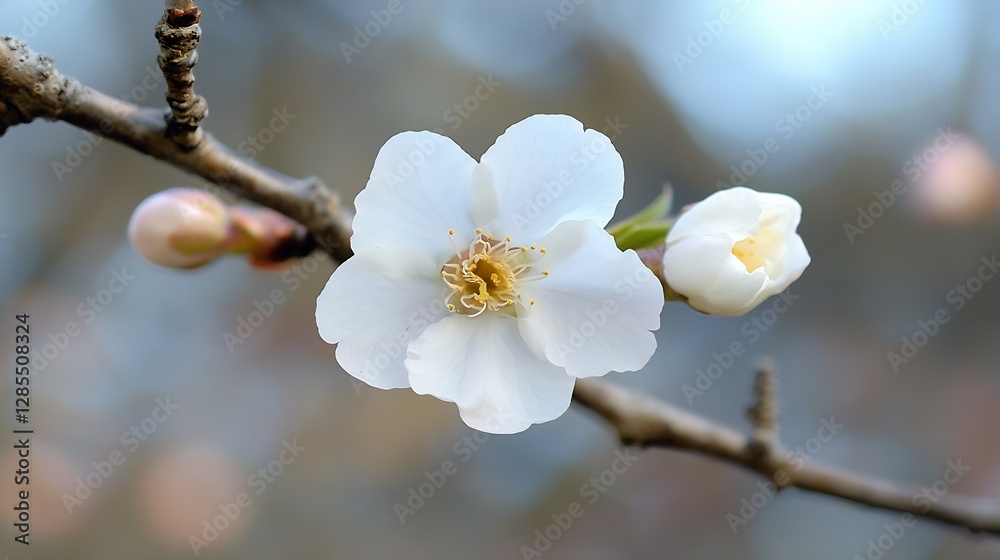Poster delicate white cherry blossom flower with buds on a gentle spring day : generative ai