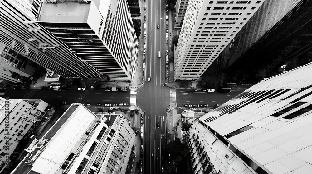 Aufkleber aerial view of busy urban intersection in black and white with tall buildings : generative ai