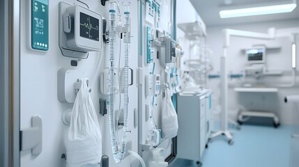 Fototapeta premium A photo showcasing the detailed view of medical equipment and apparatus used for intravenous fluid transfusion including IV tubing clamps and bags in a laboratory or clinic setting