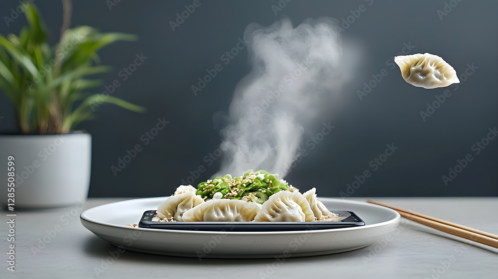 Poster A plate of freshly steamed dumplings with delicate wisps of fragrant vapor drifting out set against a dark moody background with chopsticks hovering nearby