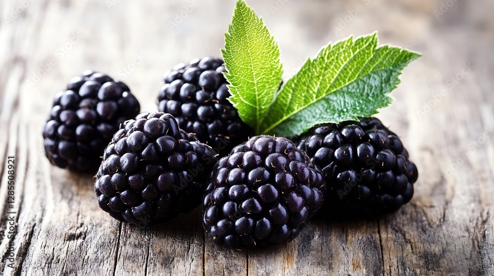 Aufkleber fresh blackberries with a green leaf on rustic wooden background perfect for healthy eating concepts