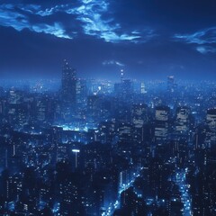 Stunning city skyline at night with blue hues.