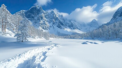 Obraz premium An isolated, snow-capped mountain landscape shows stunning winter scenery.