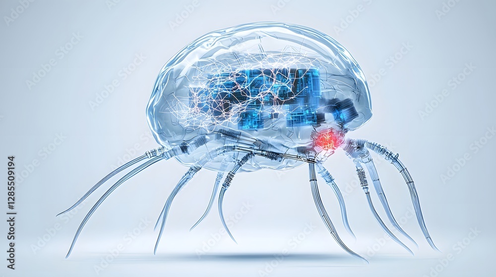 Leinwandbilder A visually striking and futuristic depiction of a cyborg s brain interface showcasing a detailed network of glowing neural circuits that seamlessly merge organic and intelligence