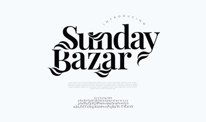 Sunday Bazar premium luxury elegant alphabet letters and numbers. Vintage wedding typography classic serif font decorative vintage retro. creative vector illustration