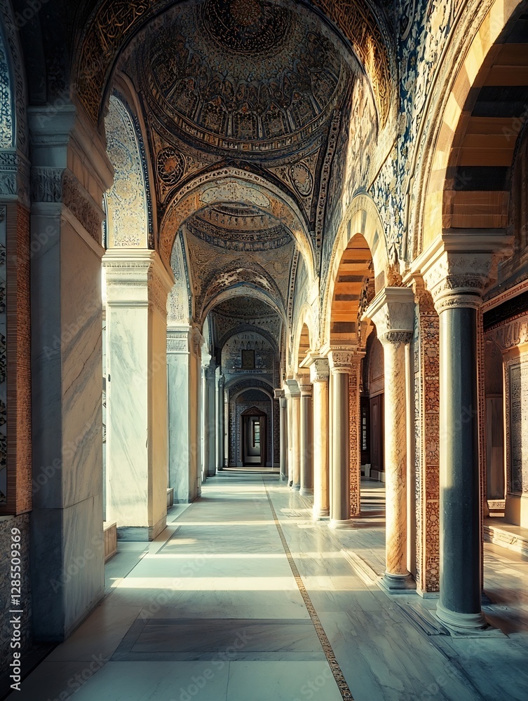 Aufkleber Majestic architectural corridor with intricate patterns and sunlight streaming through creating a serene atmosphere : Generative AI