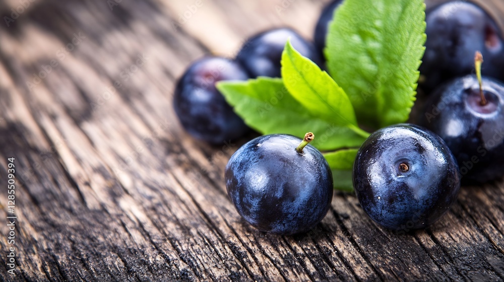 Poster Fresh Juicy Plums with Leaves on Rustic Wooden Table Background : Generative AI
