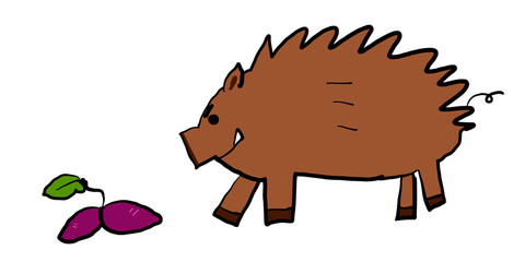 畑を荒らす野生の猪の手描きイラスト