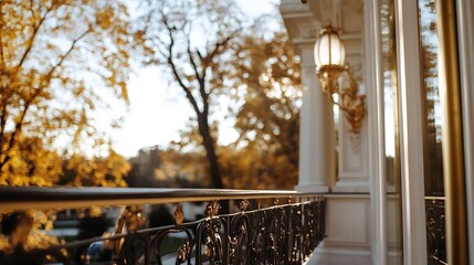 Beautiful Balcony View Surrounded by Sunlight and Autumn Trees at Dusk : Generative AI
