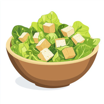 recommend clip art: Wooden bowl filled with Caesar salad, featuring crisp romaine lettuce, golden croutons, and fresh dressing