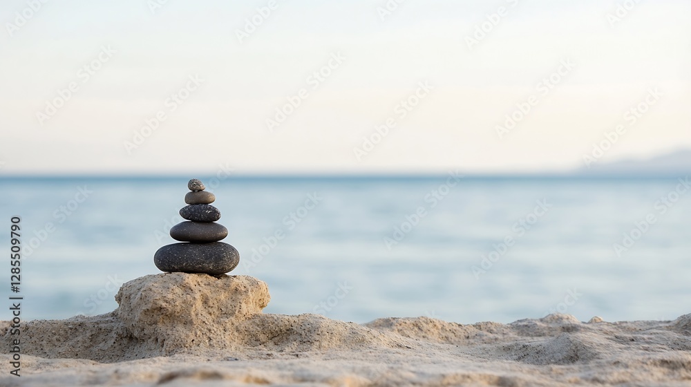 Aufkleber balanced pebbles on sandy beach symbolizing peace and relaxation with calm water in background : gen