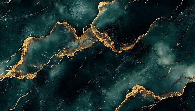 Dark green, gold and black marble seamless texture background with gold veins