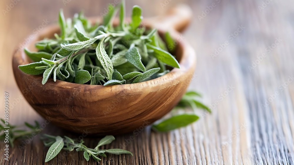 Poster fresh green herbs in a wooden bowl on a rustic table for culinary use and decoration : generative ai