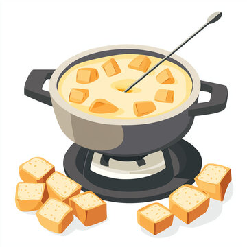 cheese fondue pot with bread cubes clip art preview