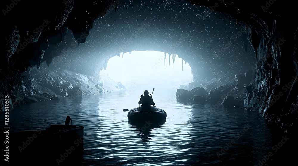 Poster An explorer navigating a network of bioluminescent caves casting mesmerizing reflections on the crystal clear underground lake revealing the natural beauty and wonder of this ethereal uncharted world