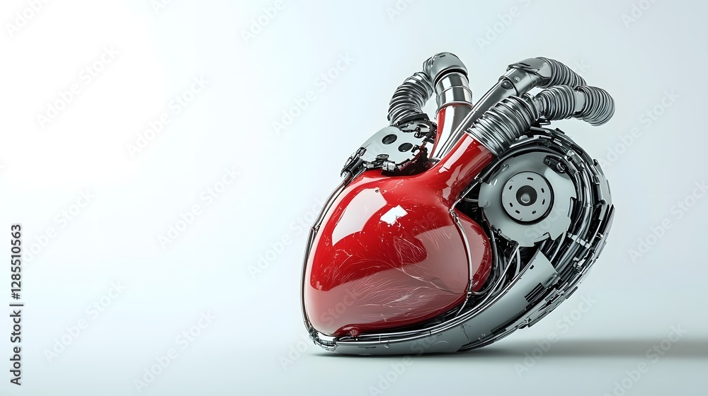 Poster an showcasing the intricate design of a cyborg s hybrid heart featuring a fusion of biological and m