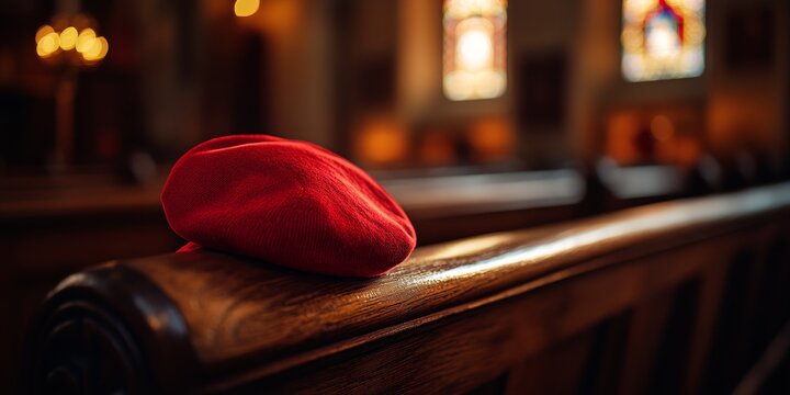 Red zucchetto resting on wooden bench in vatican church