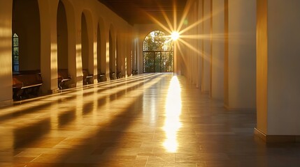Beautiful sunlight streaming through arches creating dramatic lighting in a hallway : Generative AI