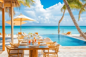 Luxury resort hotel poolside, outdoor restaurant on the beach, ocean and sky, tropical island cafe, tables, food. Summer vacation or holiday, family travel. Palm trees, infinity pool