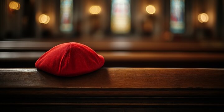 Red cardinal zucchetto resting on wooden bench in vatican church