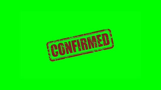Animated "CONFIRMED" rubber stamp seal with bold red text, featuring a zoom and hit effect on a green screen background for approvals, official verifications, and authenticated decisions.