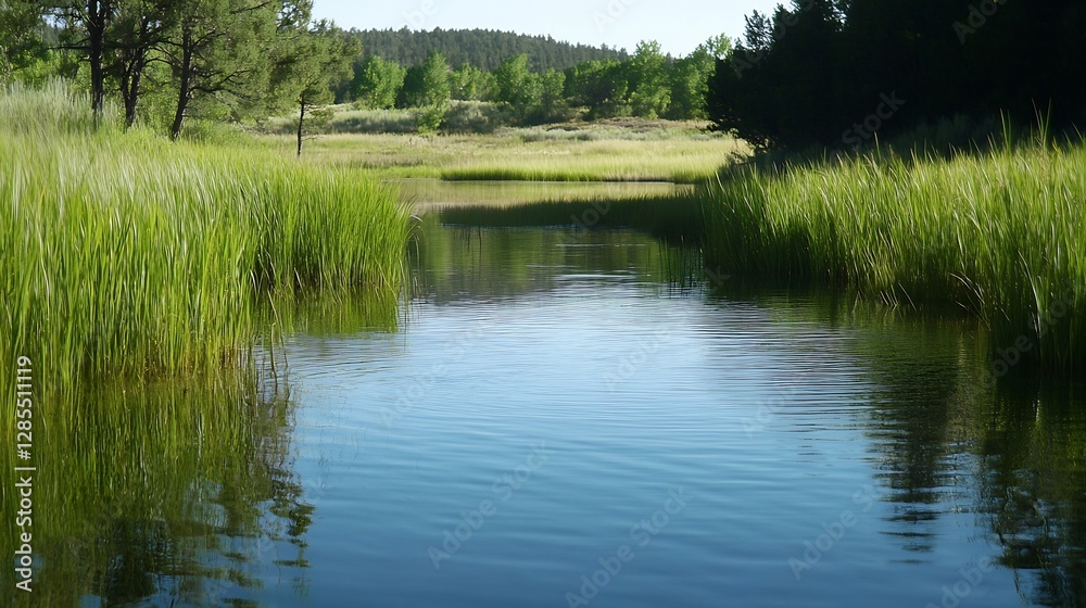 Poster tranquil nature scene of lush greenery surrounding calm water stream at daytime : generative ai