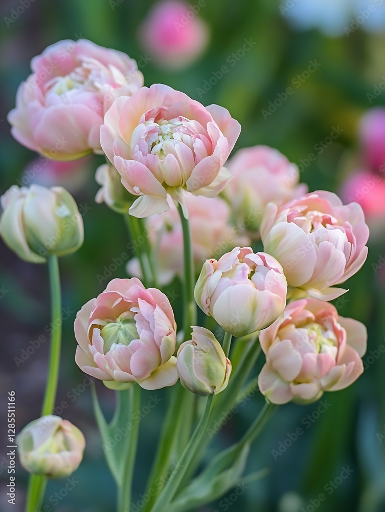 Poster delicate pink tulips blooming in a vibrant garden setting with soft focus background : generative ai