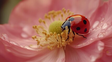 Close-up of a ladybug on a pink flower with water droplets.