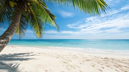 Idyllic tropical beach with palm trees and clear turquoise water : Generative AI