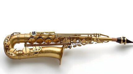 Obraz premium Captivating Golden Saxophone with Intricate Key Details on White Backdrop Showcasing the Elegant and Refined Design of this Classic Wind Instrument