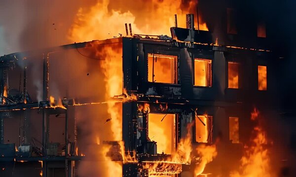 A building engulfed in flames, showcasing the destructive power of fire.
