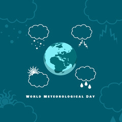 World Meteorological Day to celebrate on March 23rd. An earth with weather symbols such as snowfall, thunderstorm, sunny clouds and rain clouds on dark turquoise background. Weather event banner.
