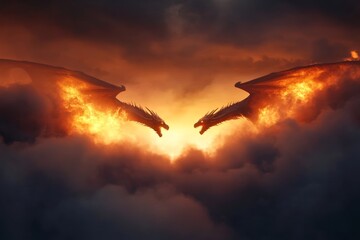 Fototapeta premium Dramatic duel between two mythical dragons surrounded by fiery clouds at sunset