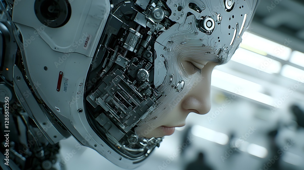 Poster close up of a cyborg s facial panel showcasing the intricate mechanical components and synthetic ski