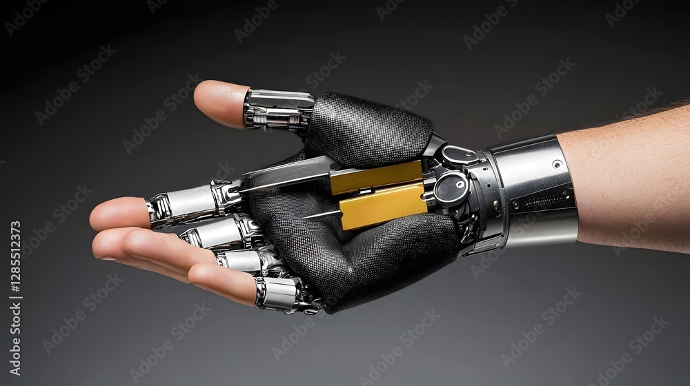 Poster Close up of a cyborg s hand transforming into a multi tool with mechanical fingers unfolding into specialized instruments showcasing advanced robotic technology and engineering capabilities