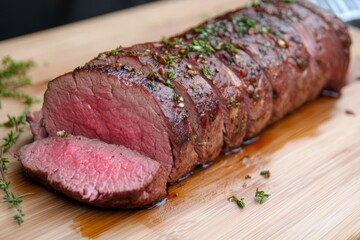 Perfectly roasted beef tenderloin sliced and garnished, ready for serving at a gourmet dinner