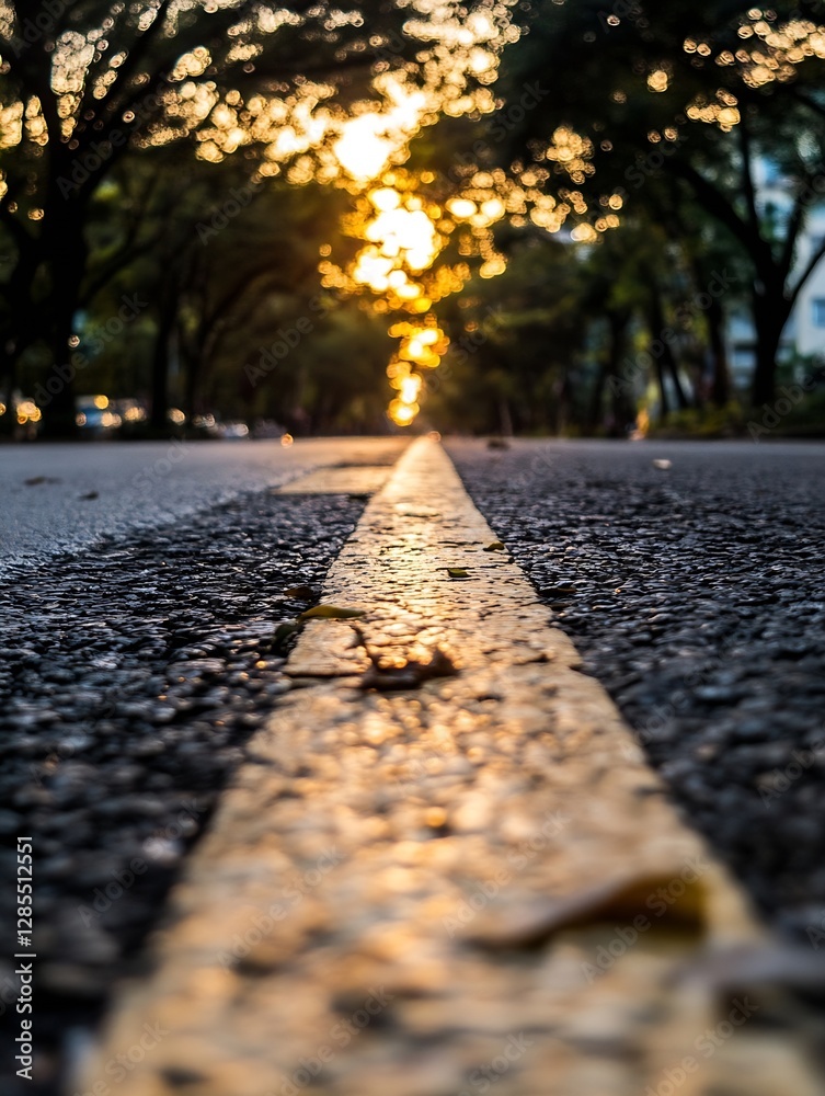 Poster artistic perspective of a sunlit street with lush trees and tranquil atmosphere : generative ai