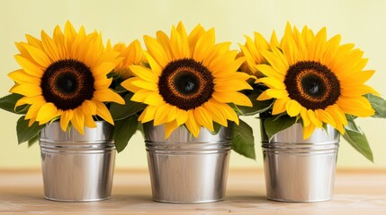 Obraz premium Beautifully arranged bouquets in a flower shop Concept, Bright Sunflower Bouquets in Metallic Buckets Set Against a Soft Yellow Background