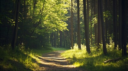 Obraz premium Sunlit Pathway Through a Lush Green Forest with Tall Trees Providing a Peaceful Retreat in Nature : Generative AI