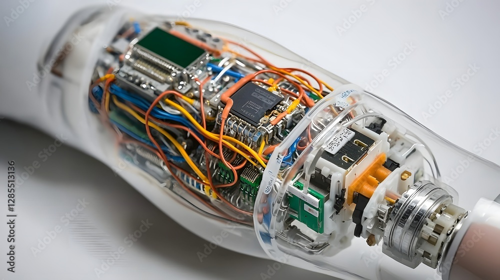 Poster Close up view of a cyborg s partially opened forearm showcasing the intricate wiring microprocessors and synthetic skin that make up this futuristic and technologically advanced robotic limb