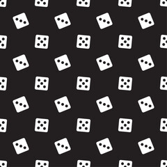 Gambling game dice, texture. Seamless pattern of white play dice cubes with dots on black background. Object to play in casino, dice from one to six dots. Wallpaper template