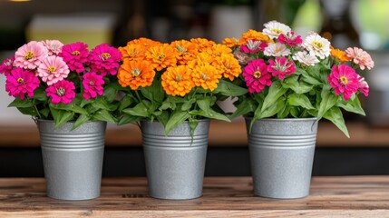 Naklejka premium Beautifully arranged bouquets in a flower shop Concept, Bright and Colorful Zinnia and Cosmos Bouquets Arranged in Chic Metal Containers on Wooden Table