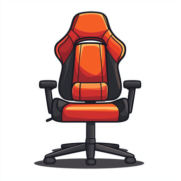 recommend clip art: Rear view of an orange and black ergonomic gaming chair with adjustable armrests and a contoured high backrest.